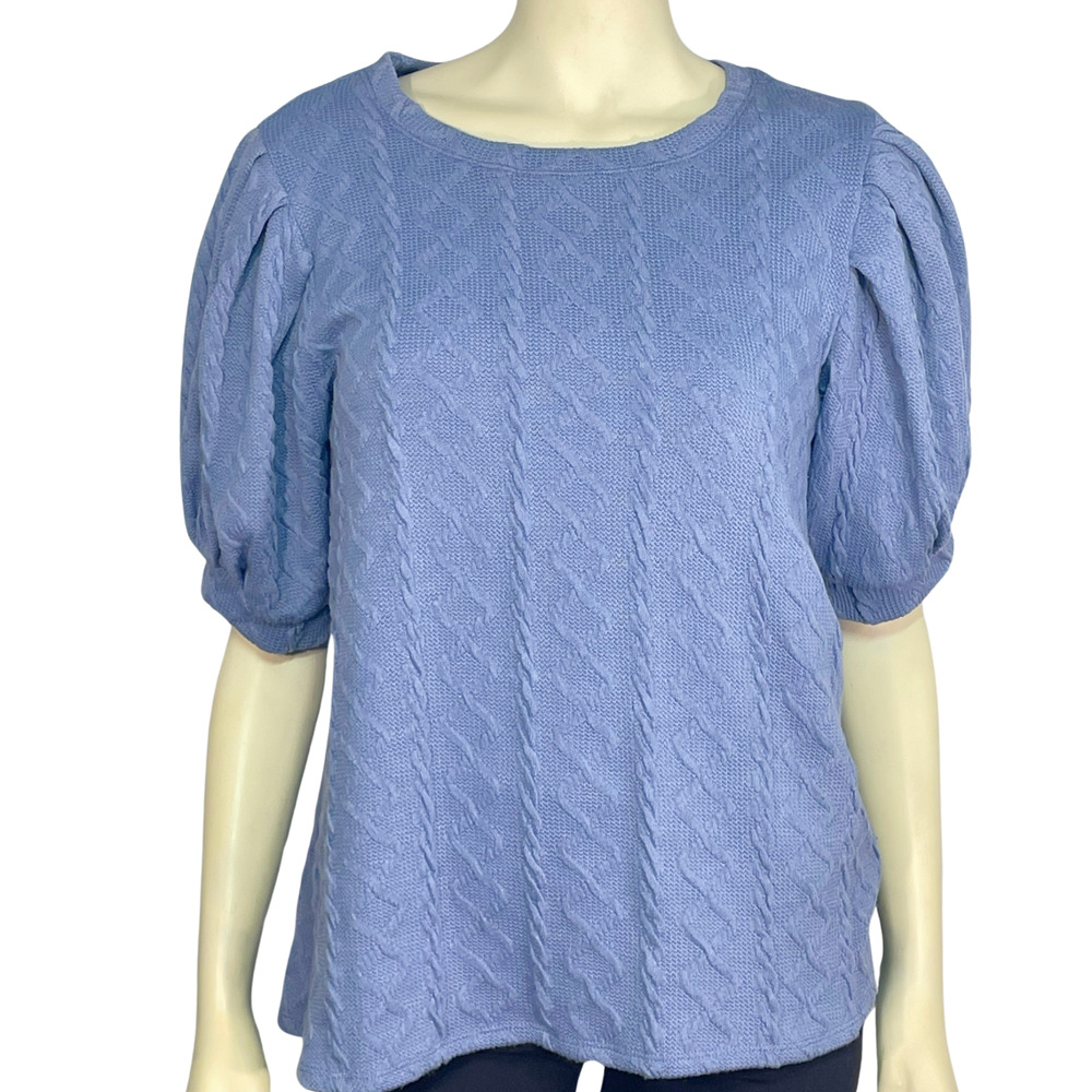 3/$20 Cupio Sz L Pullover Sweater Top Balloon Short Sleeves Cable Knit Blue